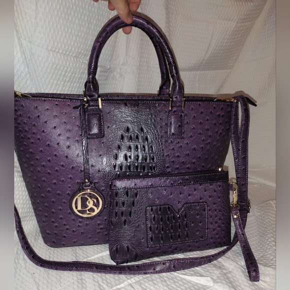 DASEIN Large Purple Ostrich Embossed Faux Leather Tote With Wristlet - Picture 1 of 11